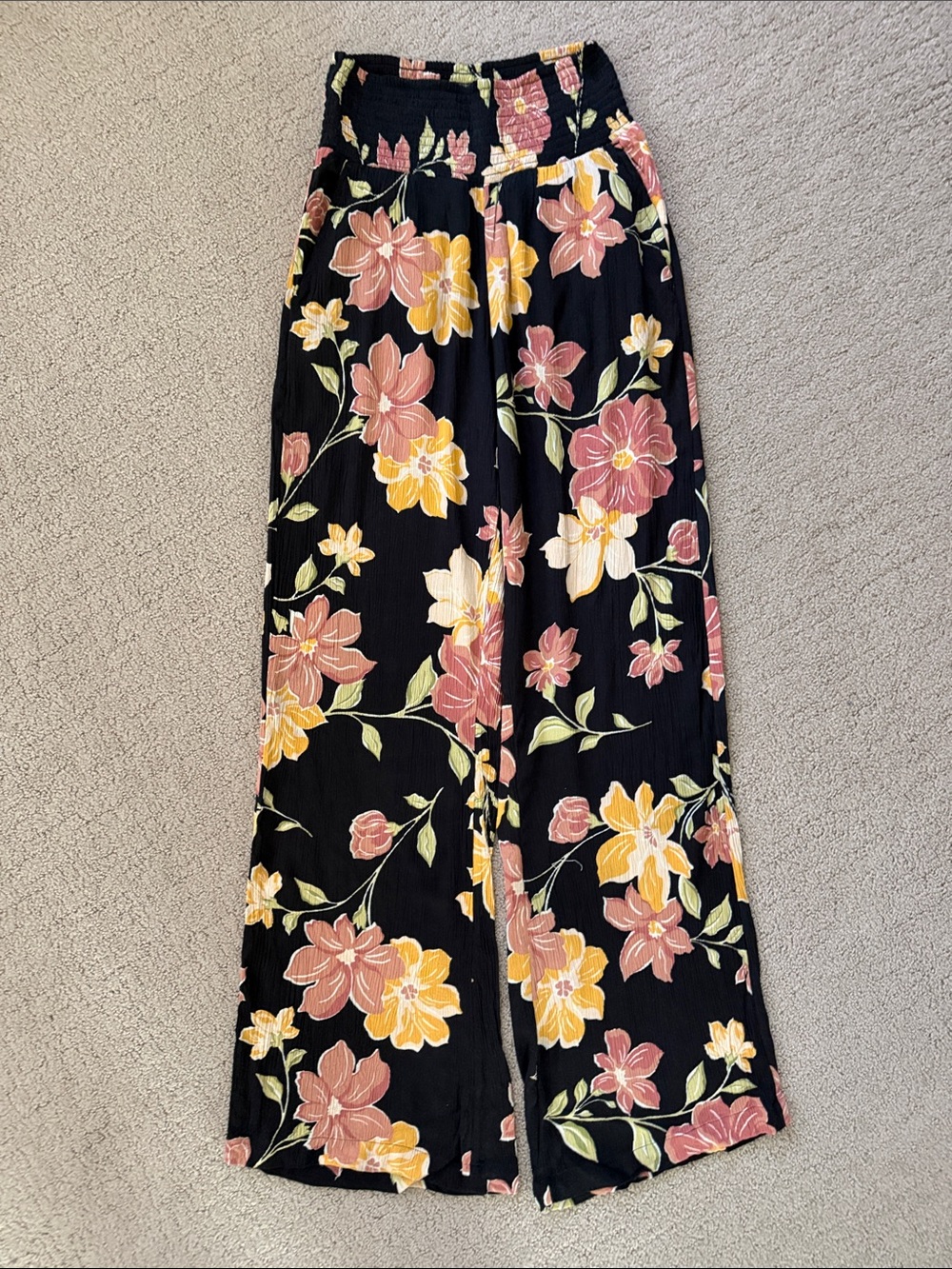 Billabong Black Wide-Leg Pants with Pink & Yellow Floral Print